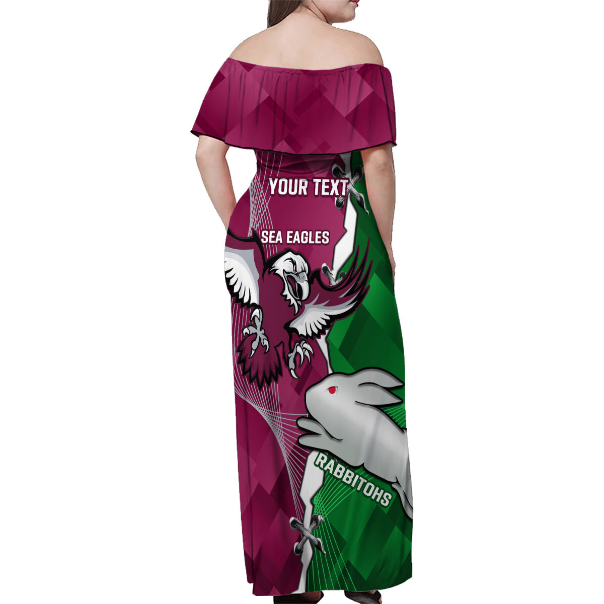 Personalised Rabbitohs And Eagles Rugby Family Matching Off Shoulder Maxi Dress and Hawaiian Shirt NRL 2024 Dynamic Together