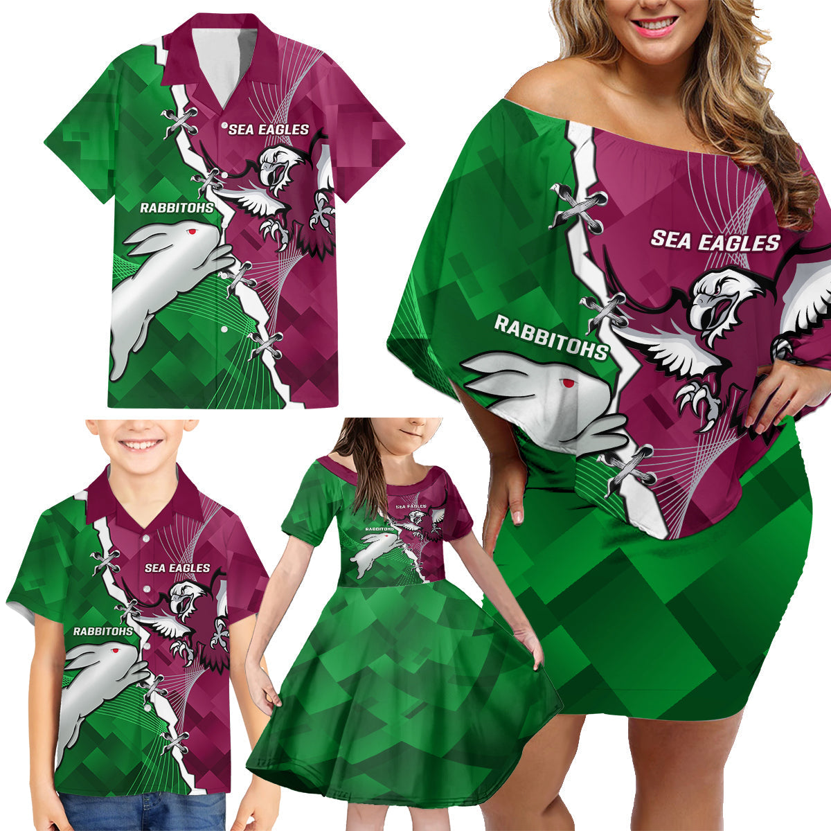 Personalised Rabbitohs And Eagles Rugby Family Matching Off Shoulder Short Dress and Hawaiian Shirt NRL 2024 Dynamic Together