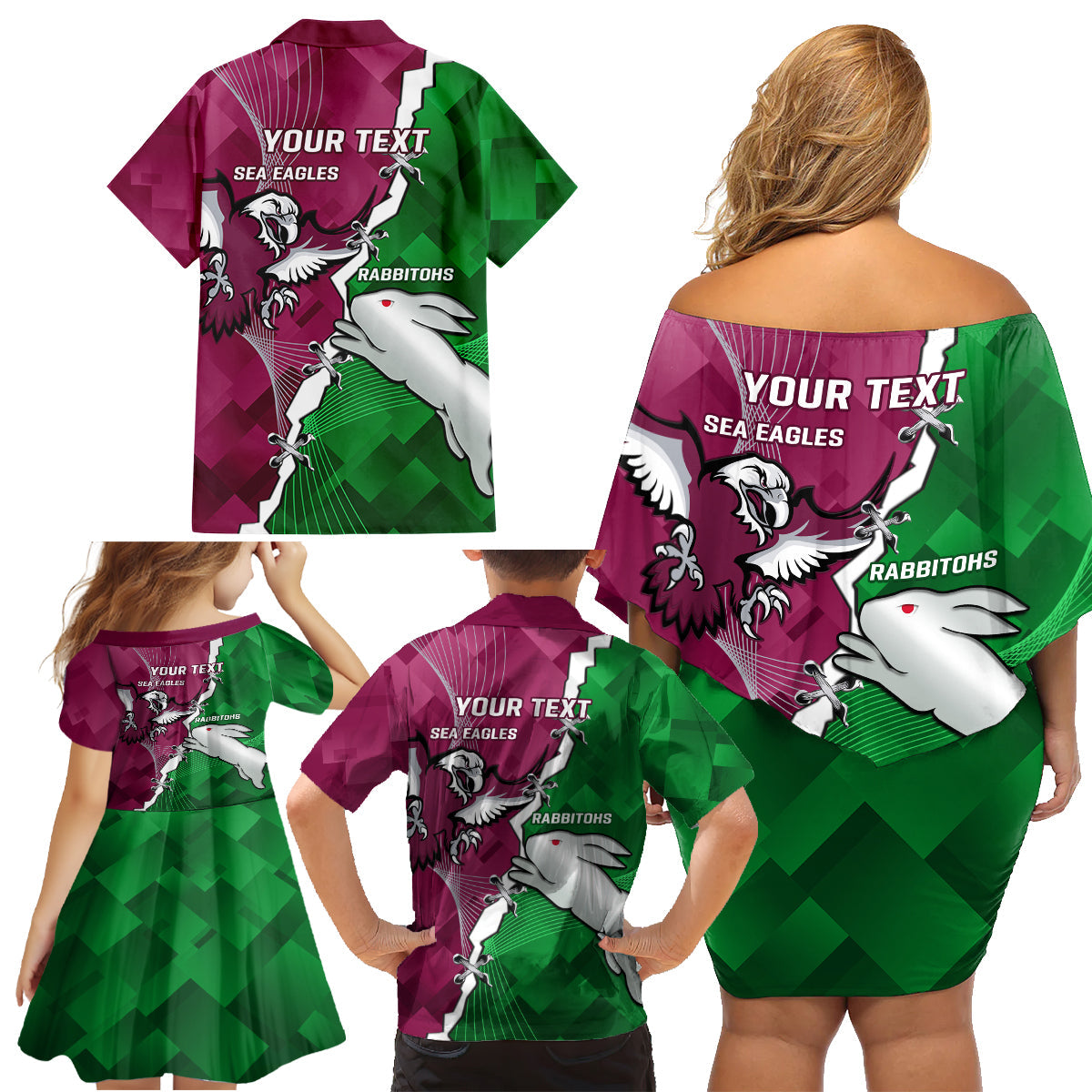 Personalised Rabbitohs And Eagles Rugby Family Matching Off Shoulder Short Dress and Hawaiian Shirt NRL 2024 Dynamic Together