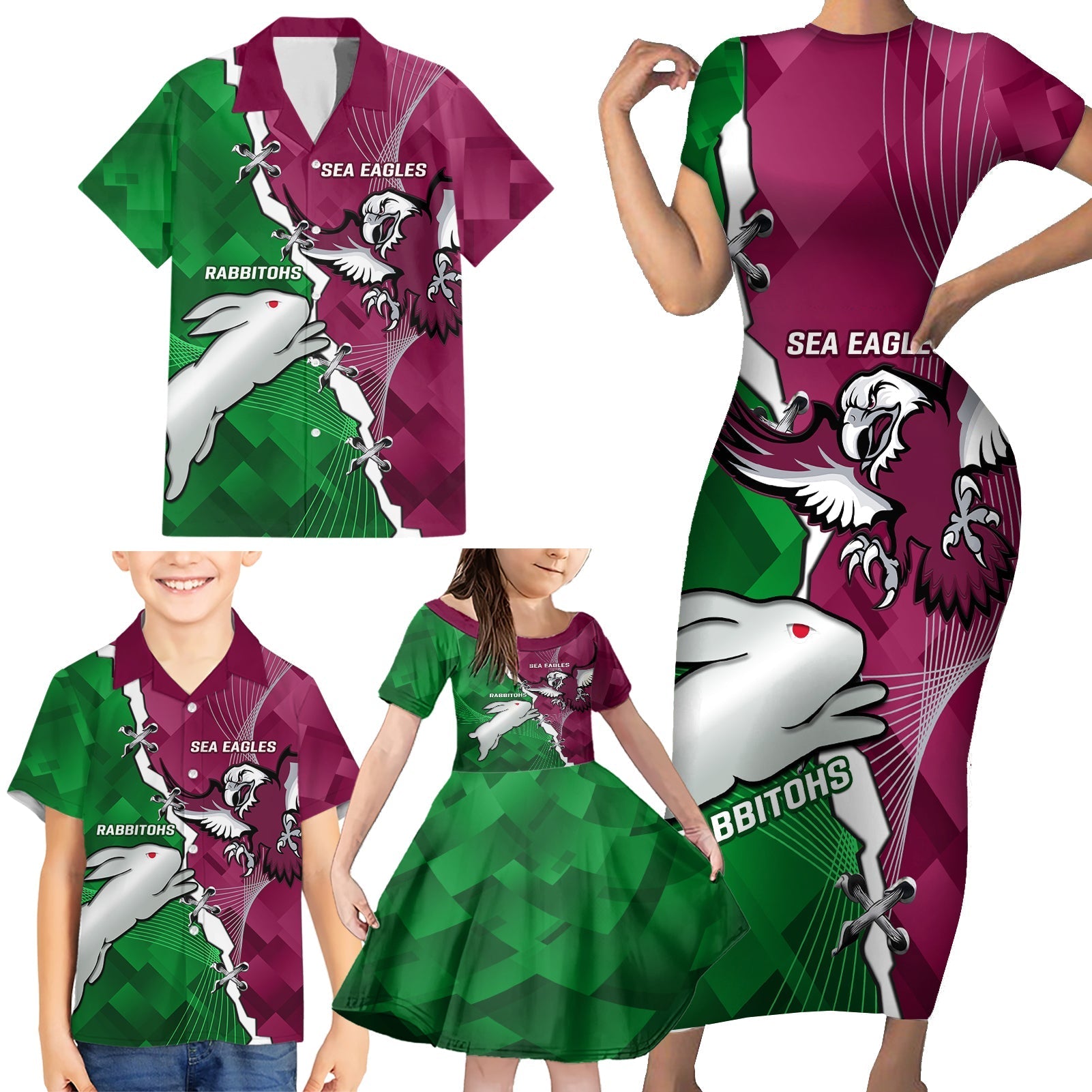 Personalised Rabbitohs And Eagles Rugby Family Matching Short Sleeve Bodycon Dress and Hawaiian Shirt NRL 2024 Dynamic Together