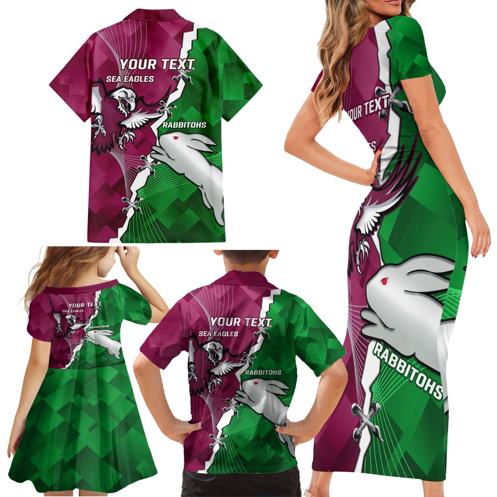 Personalised Rabbitohs And Eagles Rugby Family Matching Short Sleeve Bodycon Dress and Hawaiian Shirt NRL 2024 Dynamic Together