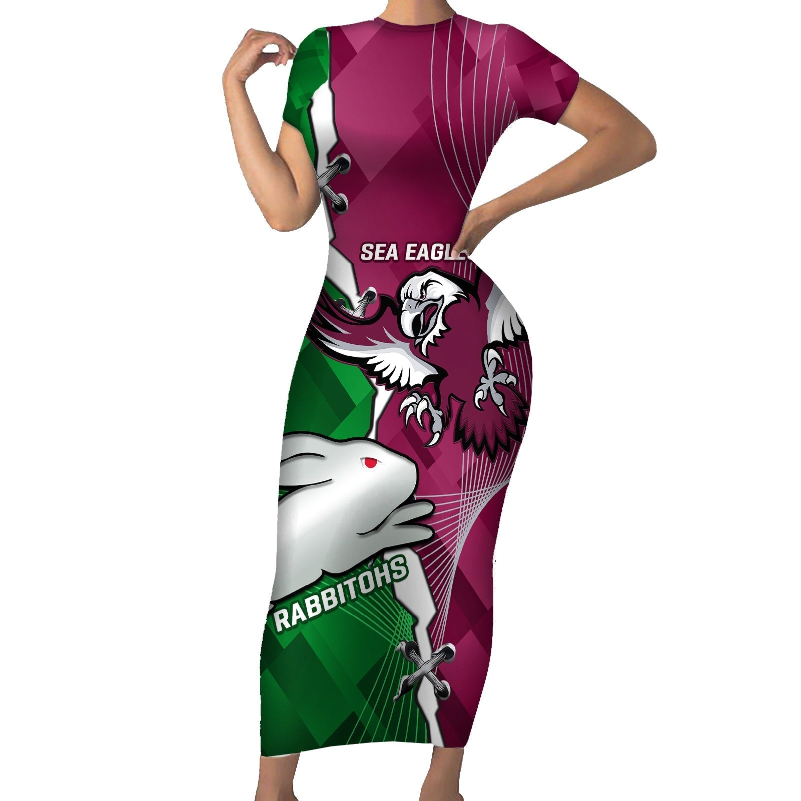 Personalised Rabbitohs And Eagles Rugby Family Matching Short Sleeve Bodycon Dress and Hawaiian Shirt NRL 2024 Dynamic Together