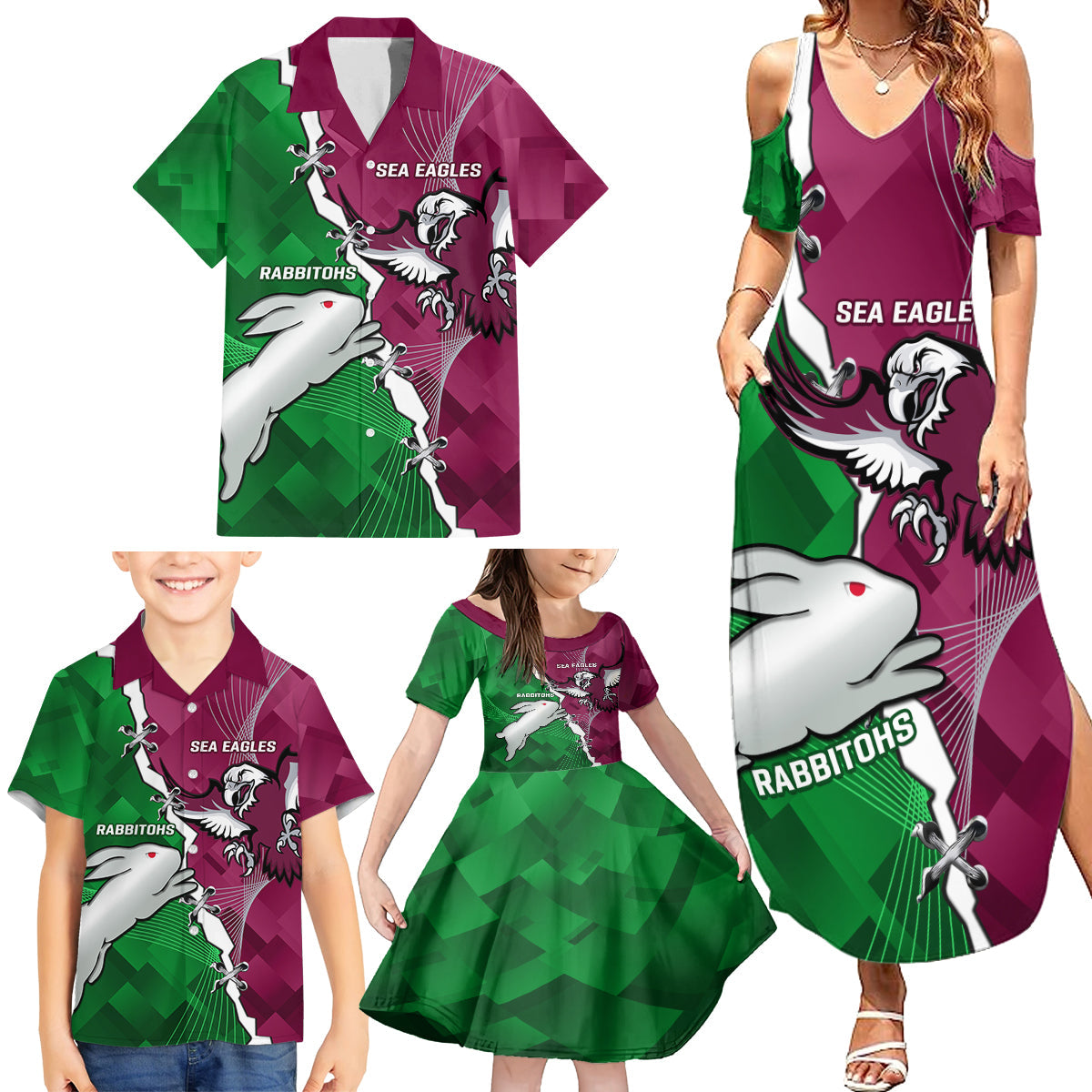 Personalised Rabbitohs And Eagles Rugby Family Matching Summer Maxi Dress and Hawaiian Shirt NRL 2024 Dynamic Together
