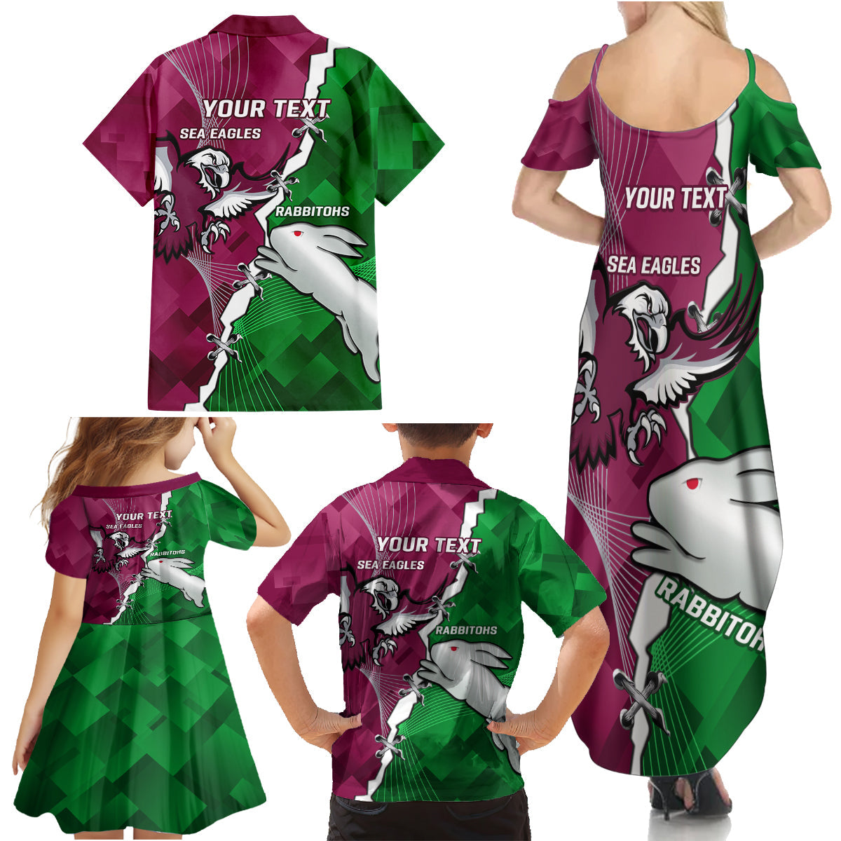 Personalised Rabbitohs And Eagles Rugby Family Matching Summer Maxi Dress and Hawaiian Shirt NRL 2024 Dynamic Together