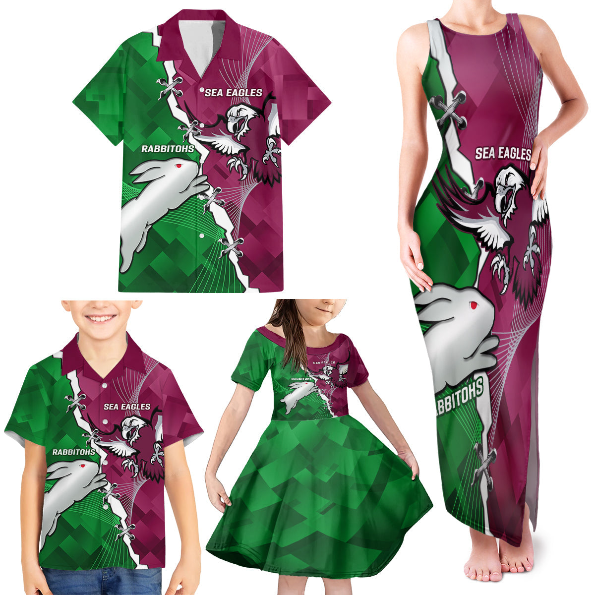 Personalised Rabbitohs And Eagles Rugby Family Matching Tank Maxi Dress and Hawaiian Shirt NRL 2024 Dynamic Together