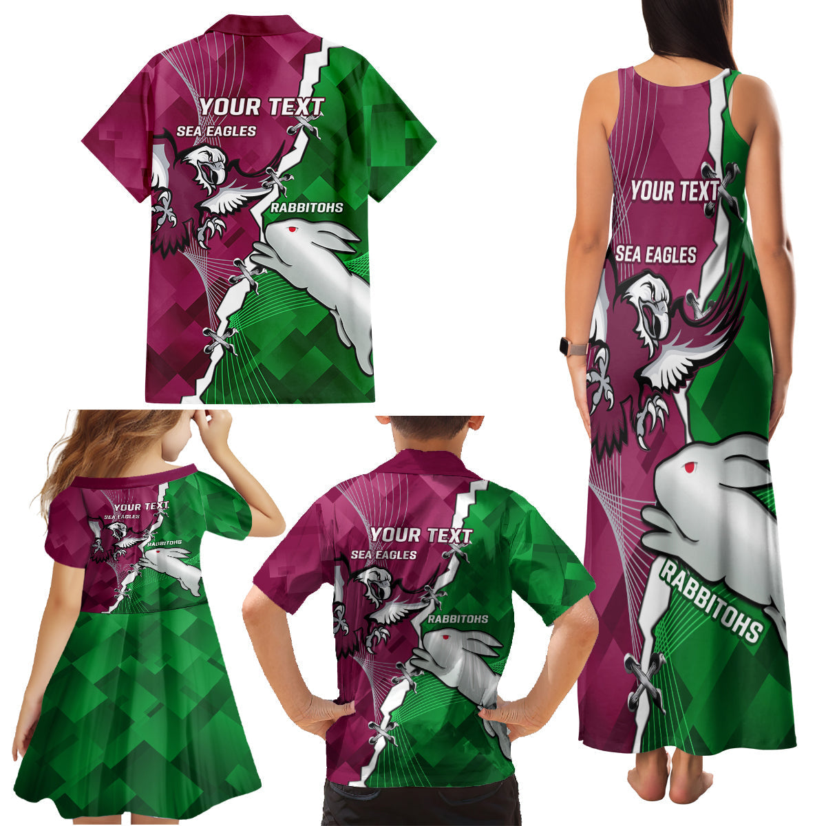 Personalised Rabbitohs And Eagles Rugby Family Matching Tank Maxi Dress and Hawaiian Shirt NRL 2024 Dynamic Together