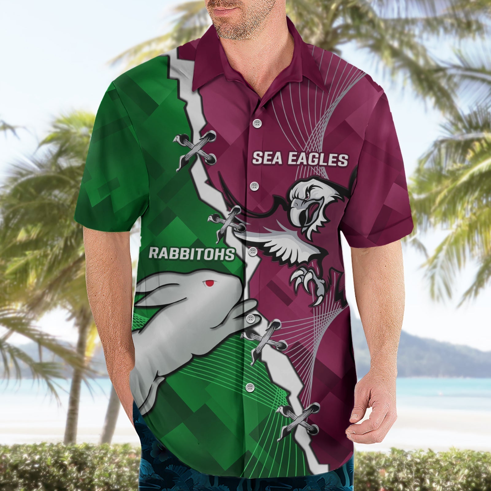 Personalised Rabbitohs And Eagles Rugby Hawaiian Shirt NRL 2024 Dynamic Together - Vibe Hoodie Shop