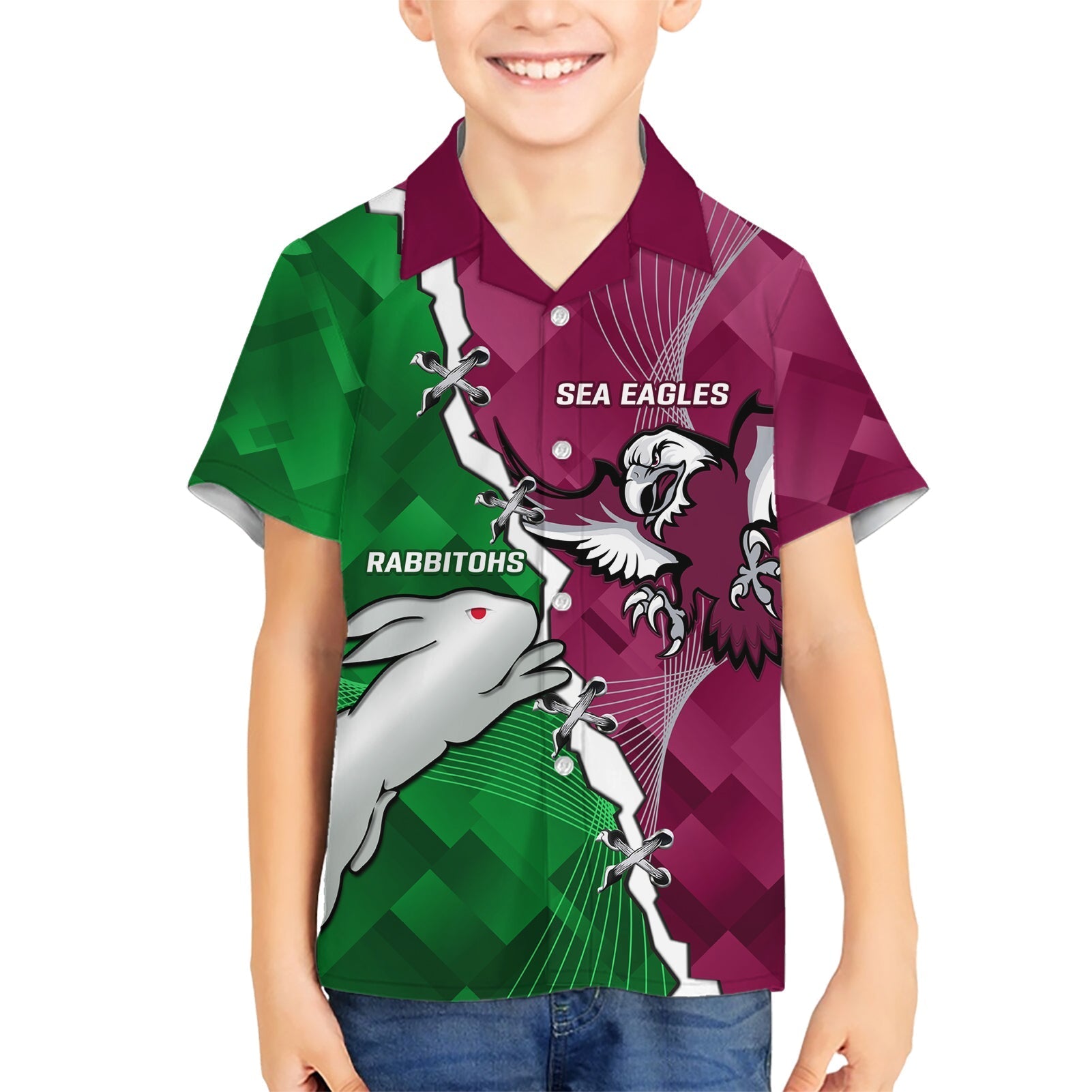 Personalised Rabbitohs And Eagles Rugby Hawaiian Shirt NRL 2024 Dynamic Together - Vibe Hoodie Shop