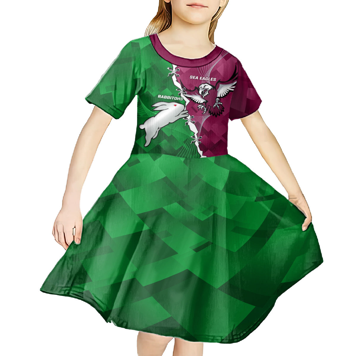 Personalised Rabbitohs And Eagles Rugby Kid Short Sleeve Dress NRL 2024 Dynamic Together - Vibe Hoodie Shop
