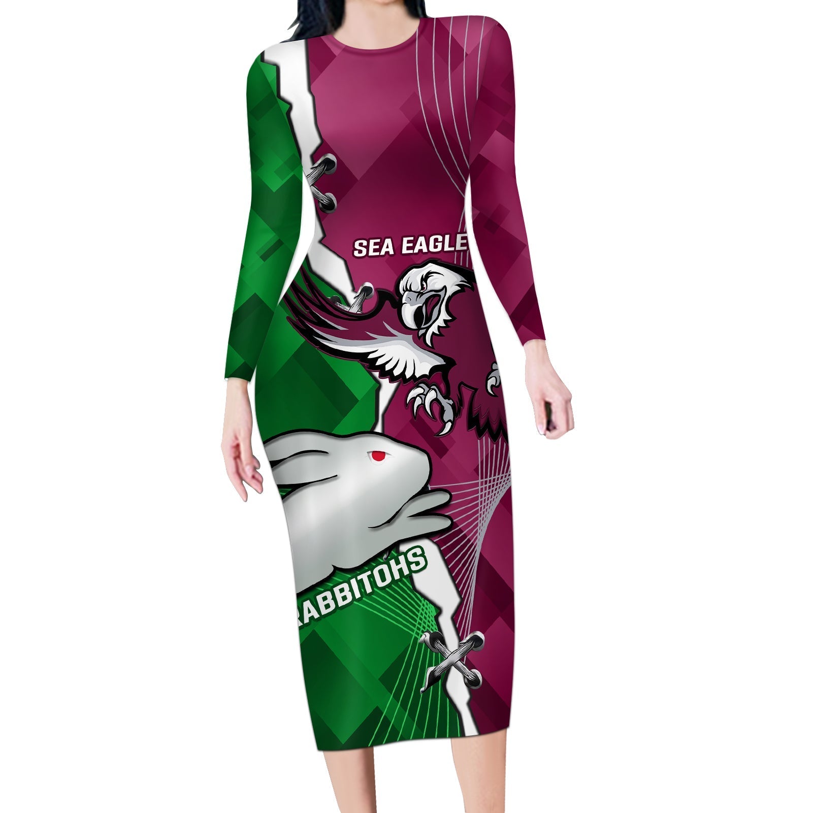 Personalised Rabbitohs And Eagles Rugby Long Sleeve Bodycon Dress NRL 2024 Dynamic Together