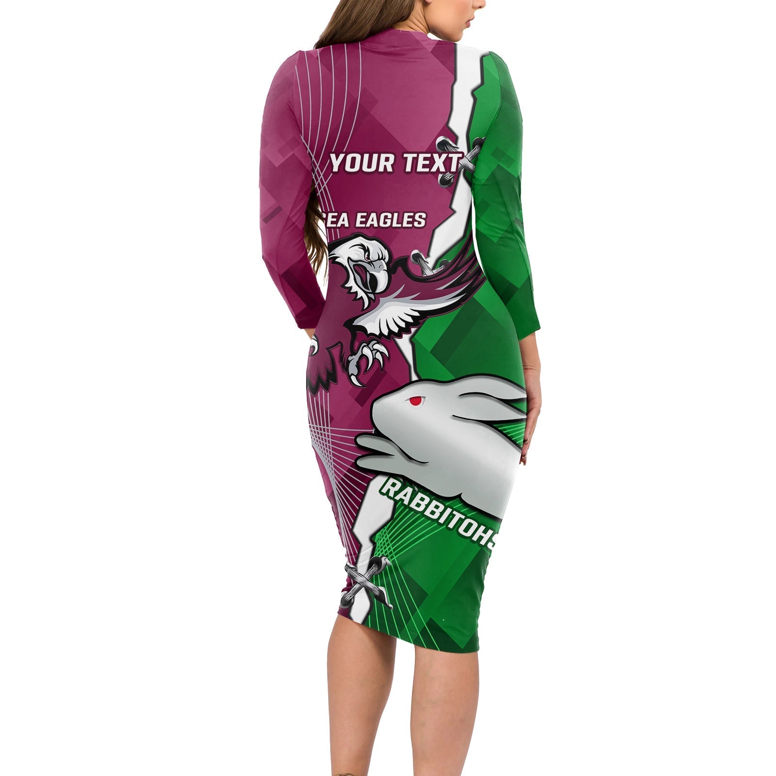 Personalised Rabbitohs And Eagles Rugby Long Sleeve Bodycon Dress NRL 2024 Dynamic Together