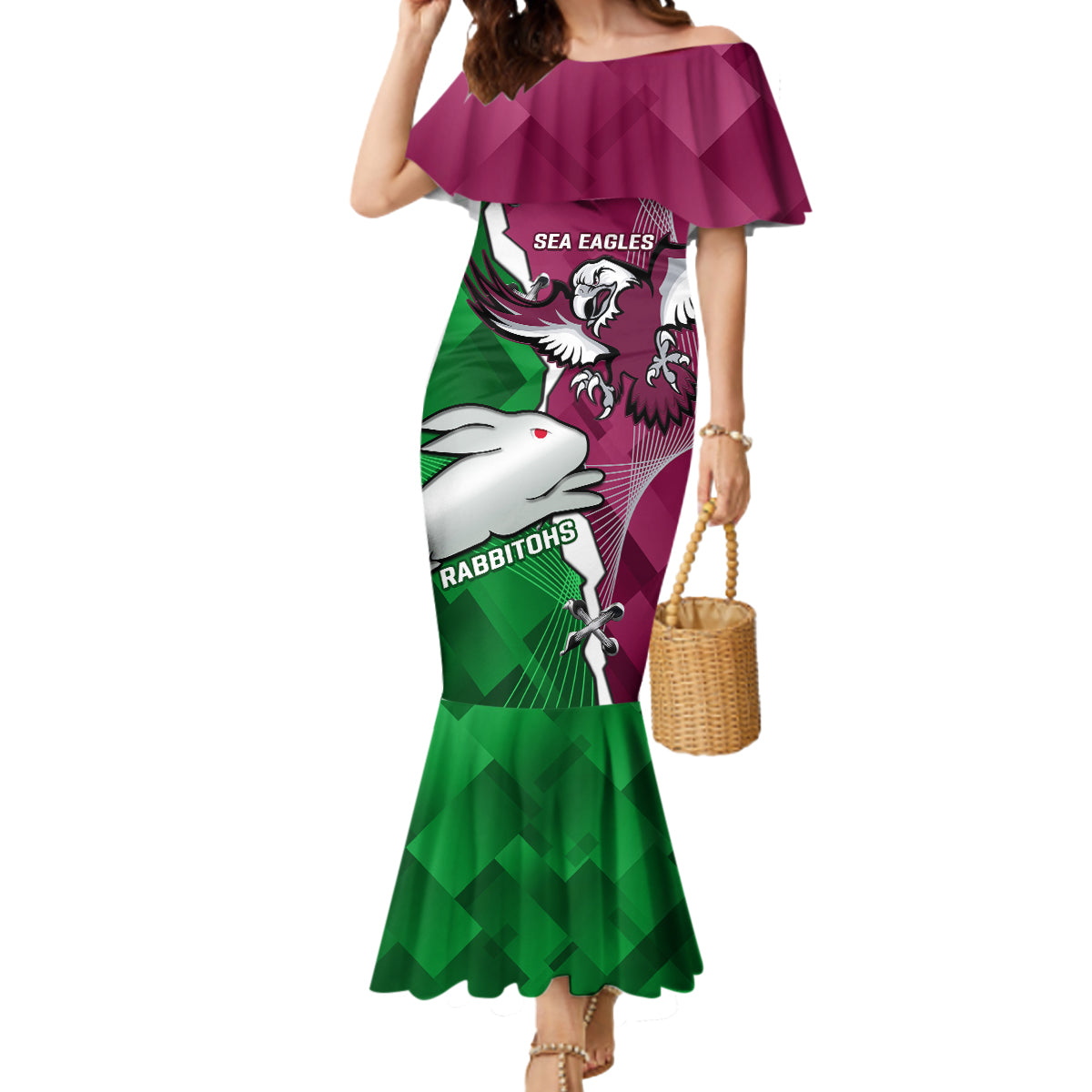 Personalised Rabbitohs And Eagles Rugby Mermaid Dress NRL 2024 Dynamic Together