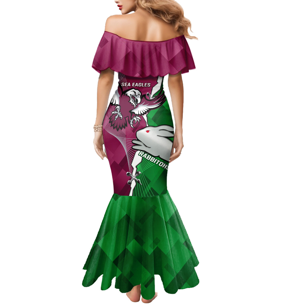 Personalised Rabbitohs And Eagles Rugby Mermaid Dress NRL 2024 Dynamic Together