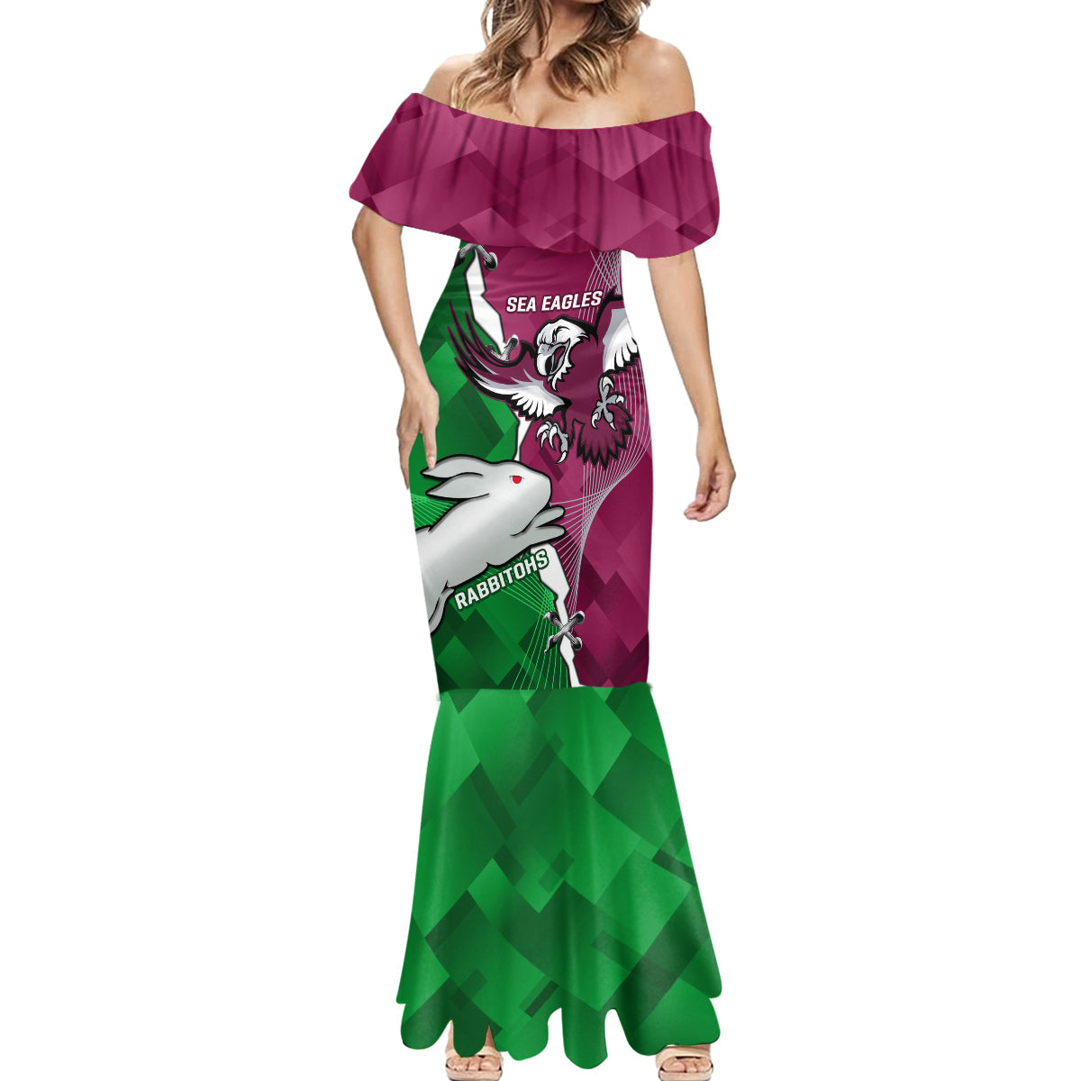 Personalised Rabbitohs And Eagles Rugby Mermaid Dress NRL 2024 Dynamic Together