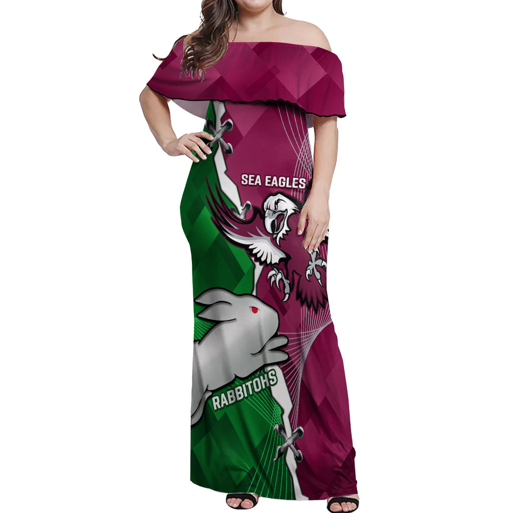 Personalised Rabbitohs And Eagles Rugby Off Shoulder Maxi Dress NRL 2024 Dynamic Together