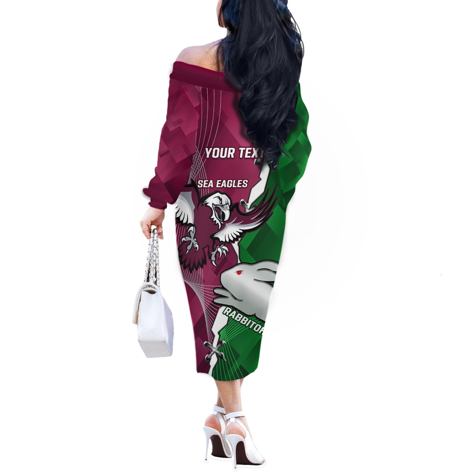 Personalised Rabbitohs And Eagles Rugby Off The Shoulder Long Sleeve Dress NRL 2024 Dynamic Together