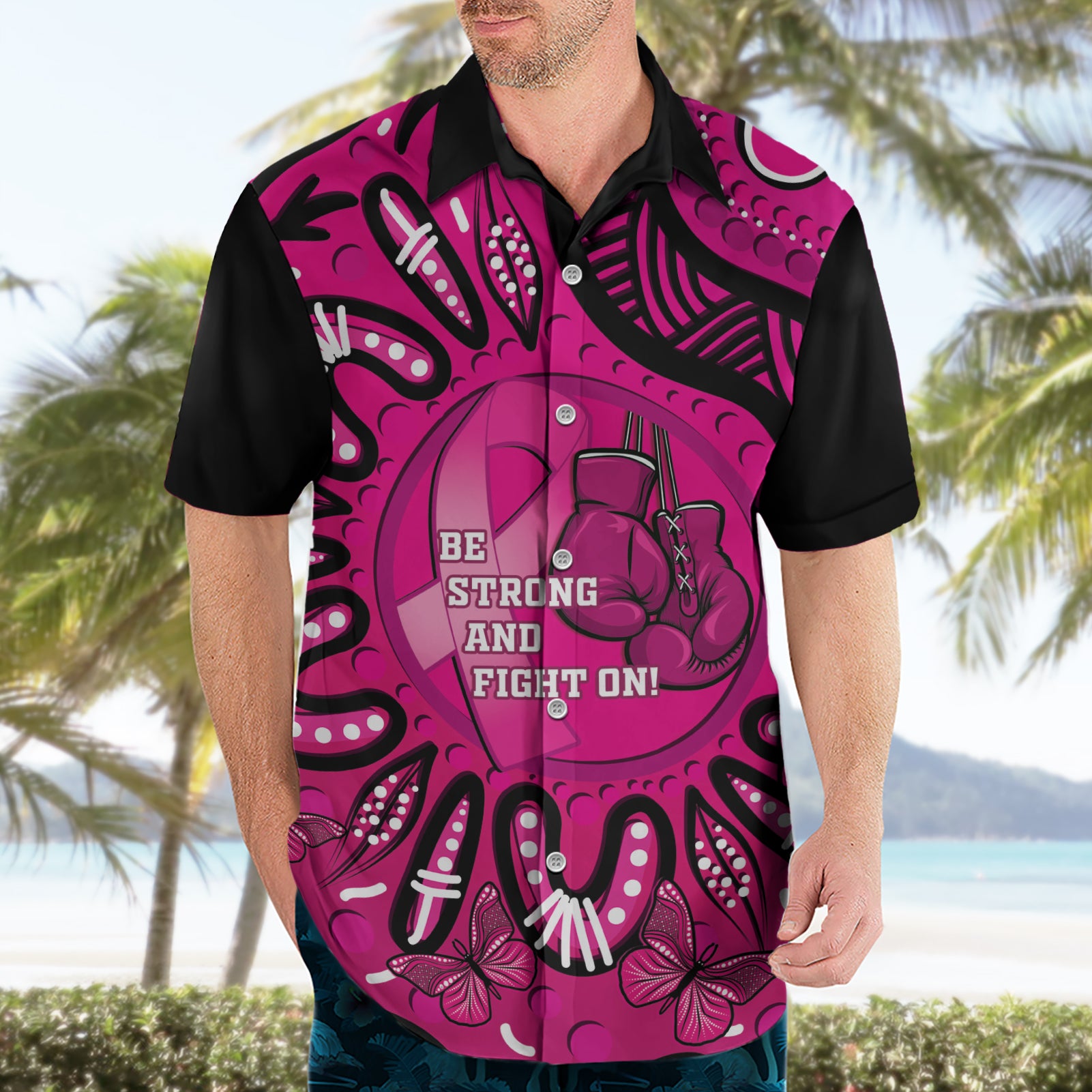 Personalised Australia Breast Cancer Hawaiian Shirt Pink Boxing Ribbon Be Strong And Fight On - Vibe Hoodie Shop