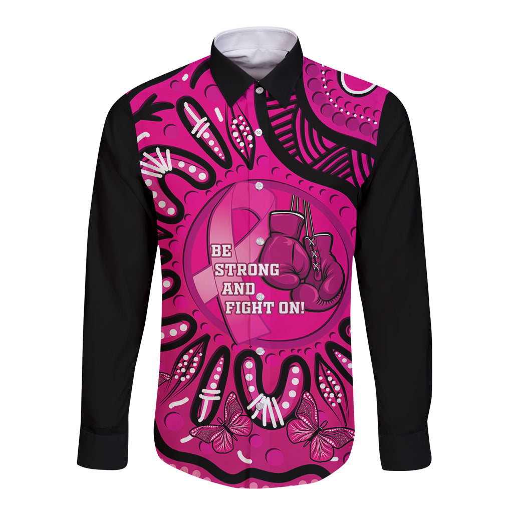 Personalised Australia Breast Cancer Long Sleeve Button Shirt Pink Boxing Ribbon Be Strong And Fight On - Vibe Hoodie Shop
