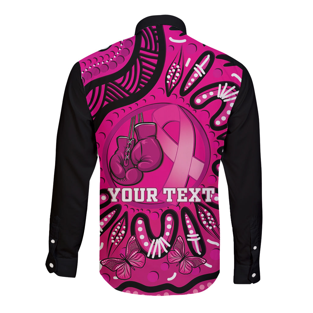 Personalised Australia Breast Cancer Long Sleeve Button Shirt Pink Boxing Ribbon Be Strong And Fight On - Vibe Hoodie Shop