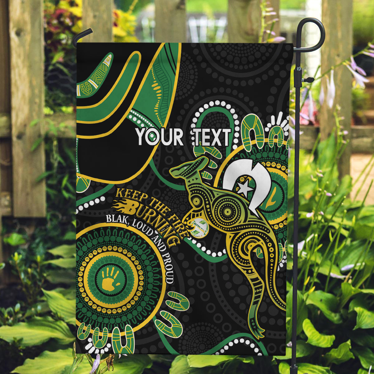 Custom Matildas NAIDOC Week Garden Flag Australia Kangaroo Keep The Fire Burning - Black - Vibe Hoodie Shop