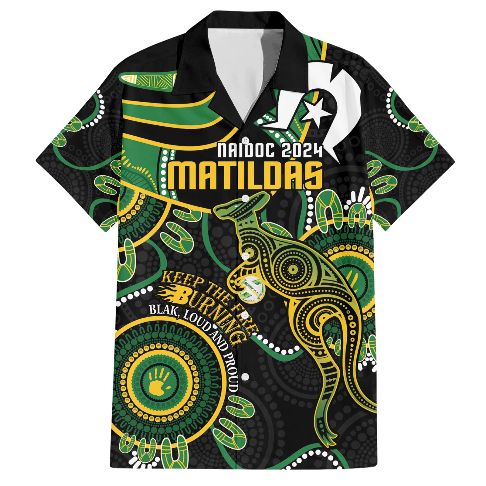 Custom Matildas NAIDOC Week Hawaiian Shirt Australia Kangaroo Keep The Fire Burning - Black - Vibe Hoodie Shop