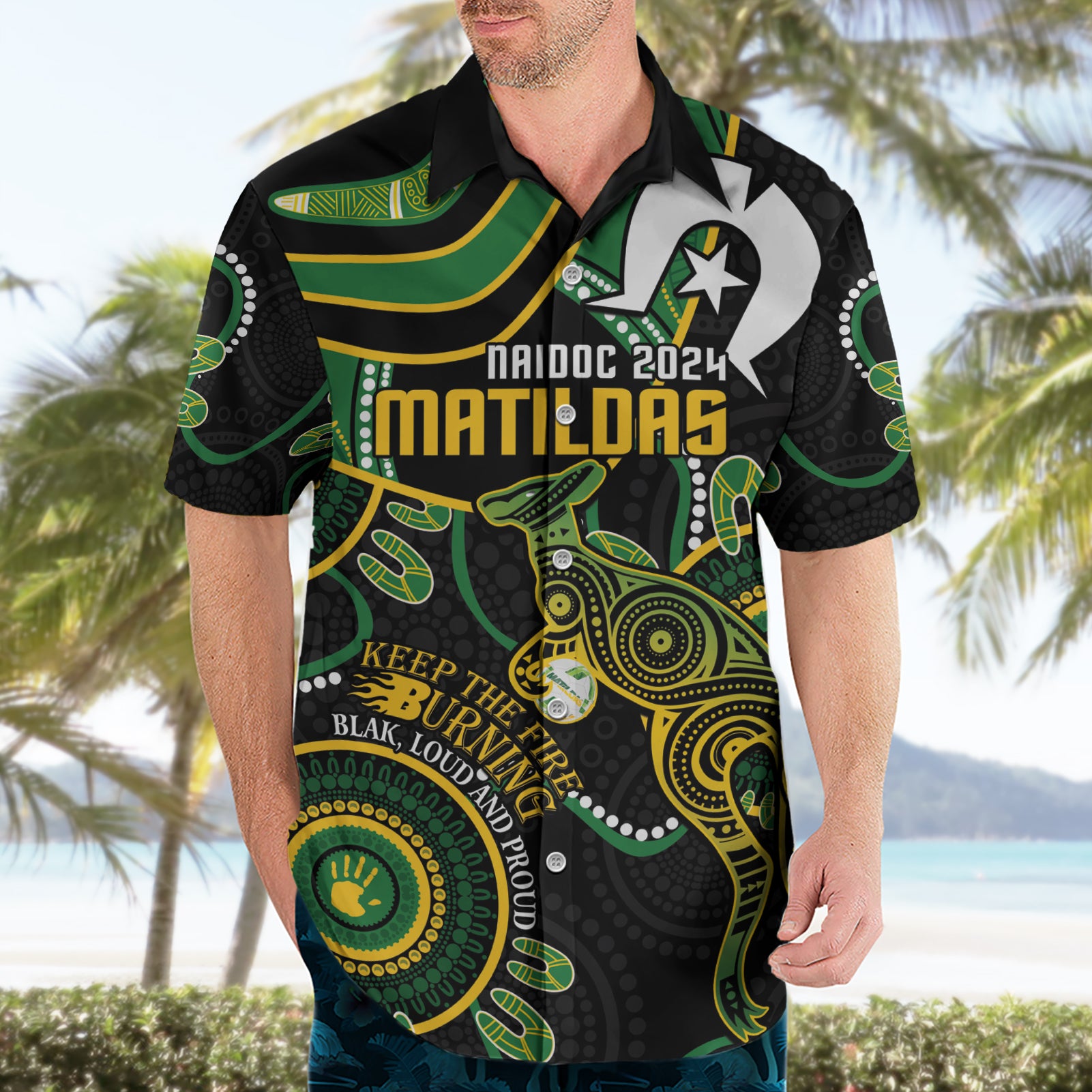 Custom Matildas NAIDOC Week Hawaiian Shirt Australia Kangaroo Keep The Fire Burning - Black - Vibe Hoodie Shop