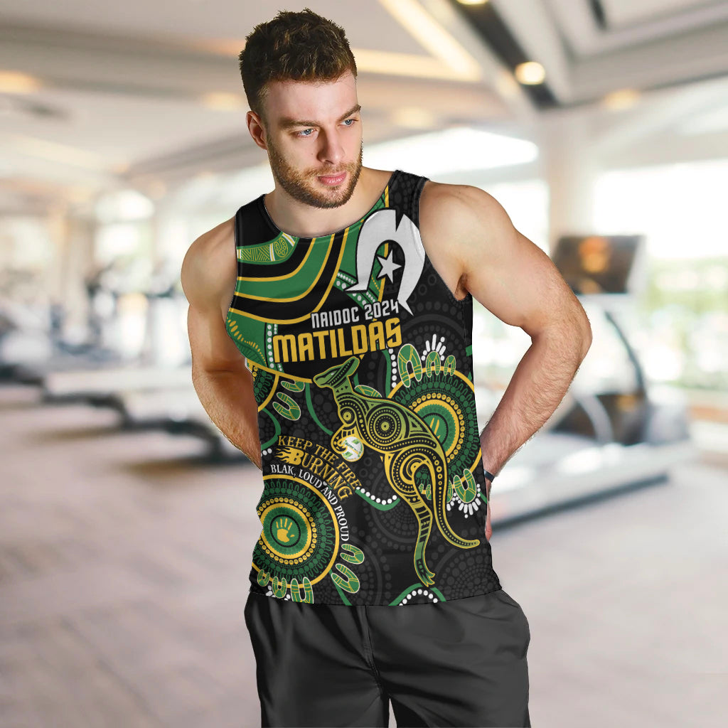 Custom Matildas NAIDOC Week Men Tank Top Australia Kangaroo Keep The Fire Burning - Black - Vibe Hoodie Shop