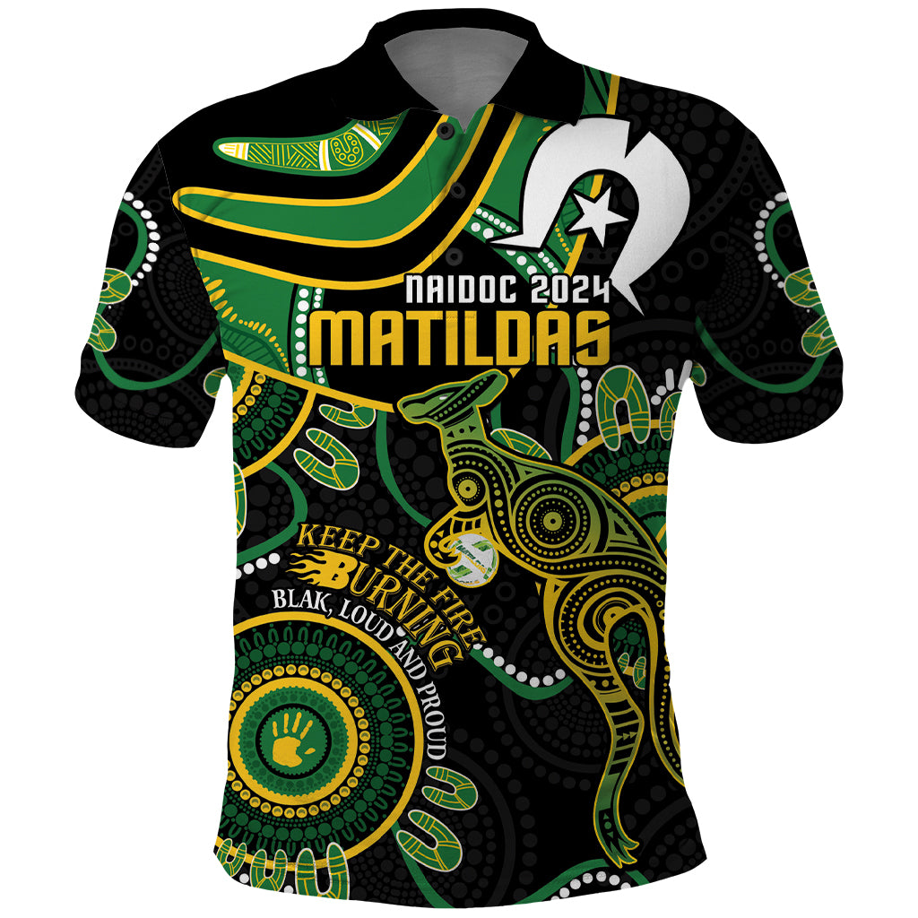 Custom Matildas NAIDOC Week Polo Shirt Australia Kangaroo Keep The Fire Burning - Black - Vibe Hoodie Shop