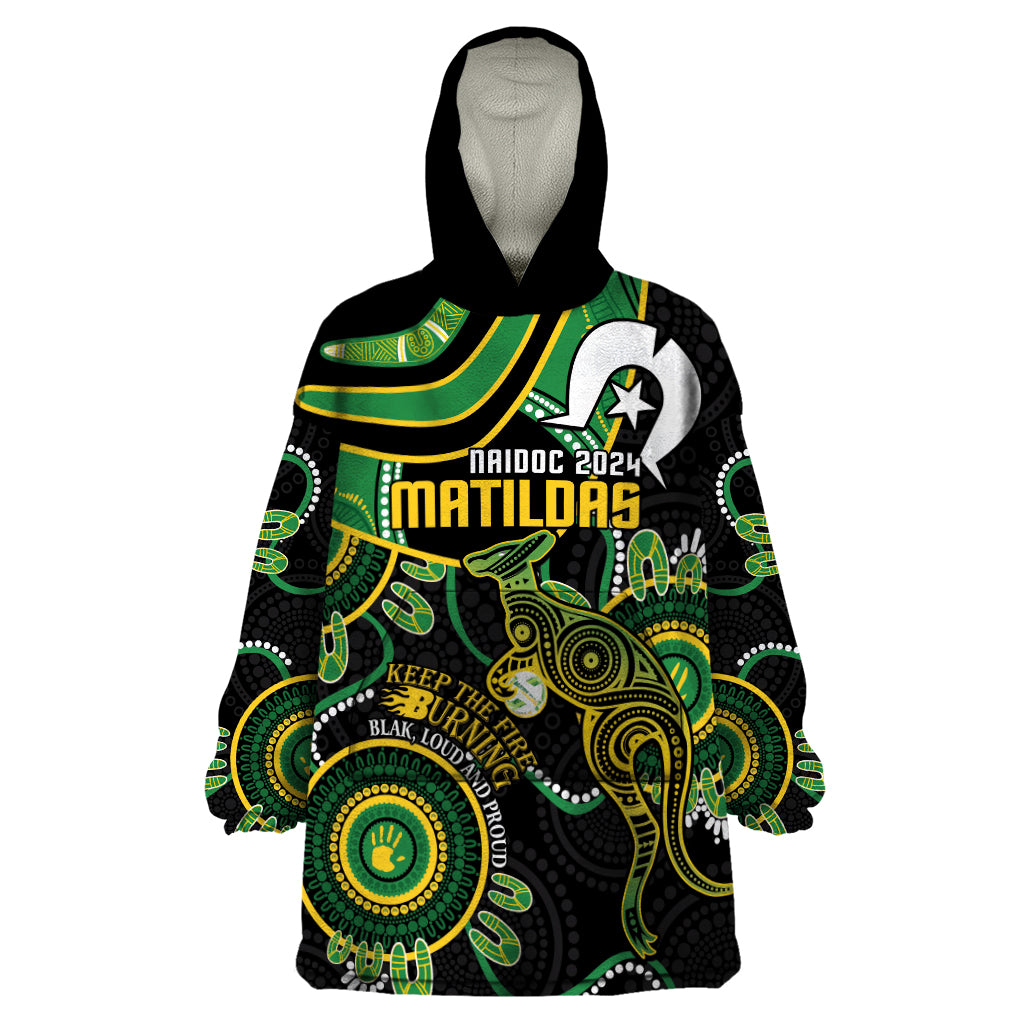 Custom Matildas NAIDOC Week Wearable Blanket Hoodie Australia Kangaroo Keep The Fire Burning - Black - Vibe Hoodie Shop