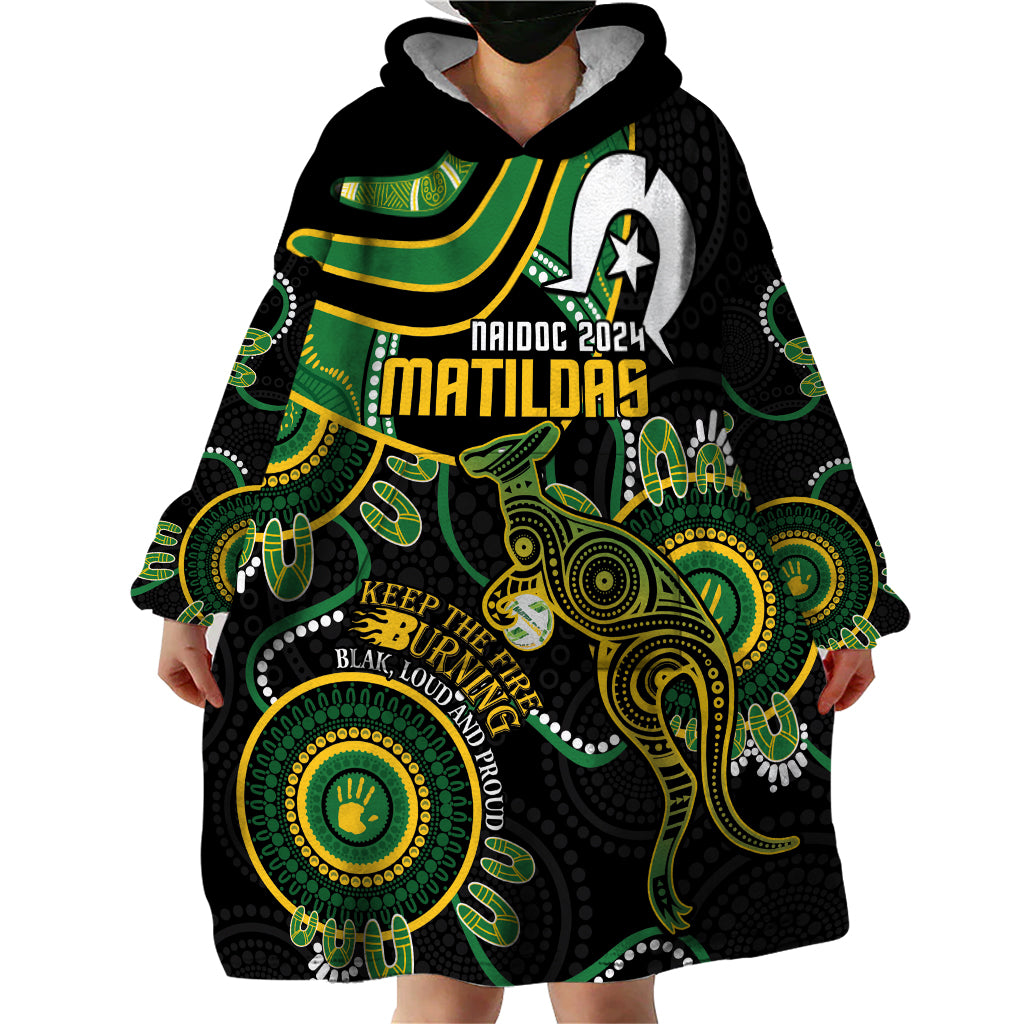 Custom Matildas NAIDOC Week Wearable Blanket Hoodie Australia Kangaroo Keep The Fire Burning - Black - Vibe Hoodie Shop