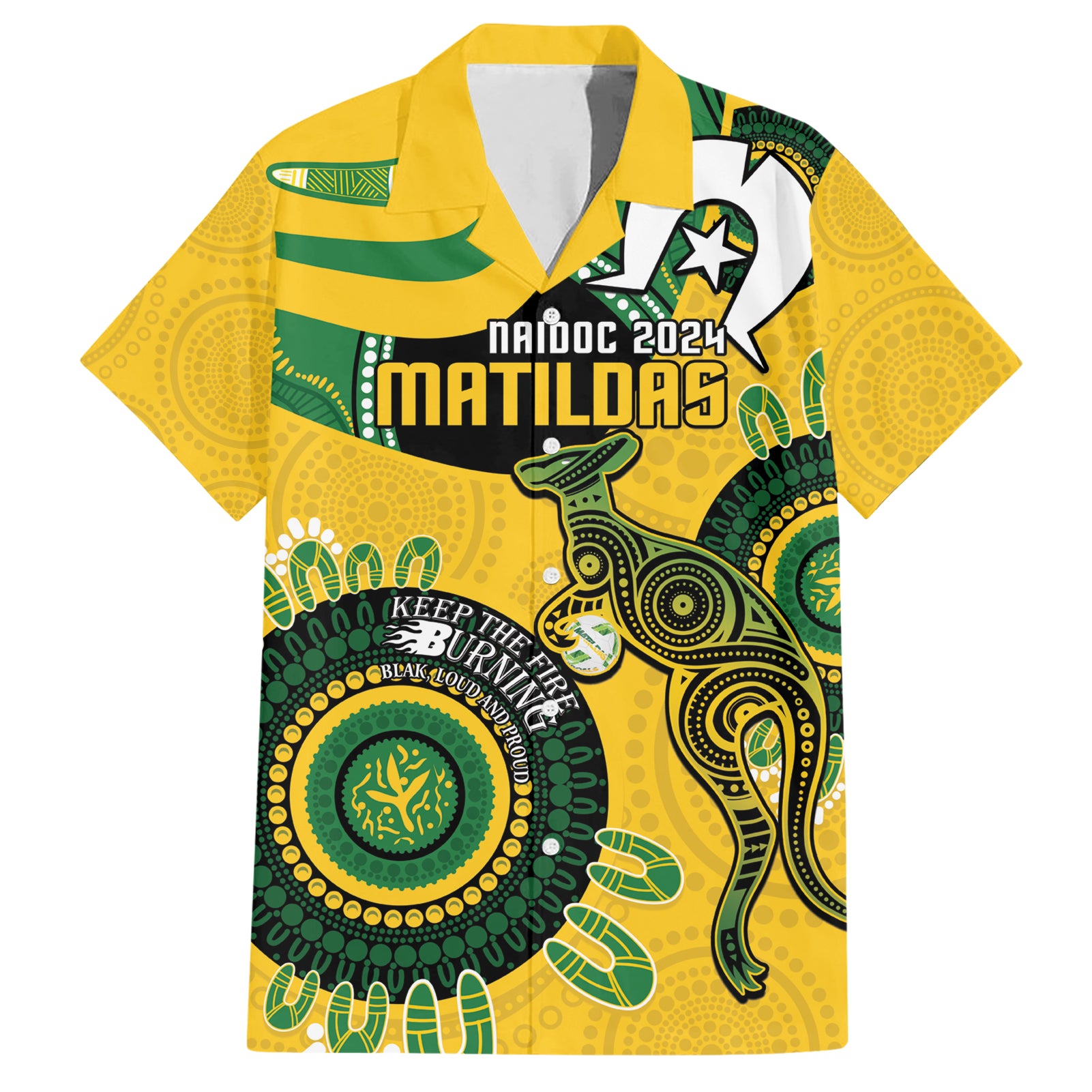 Custom Matildas NAIDOC Week Hawaiian Shirt Australia Kangaroo Keep The Fire Burning - Yellow - Vibe Hoodie Shop