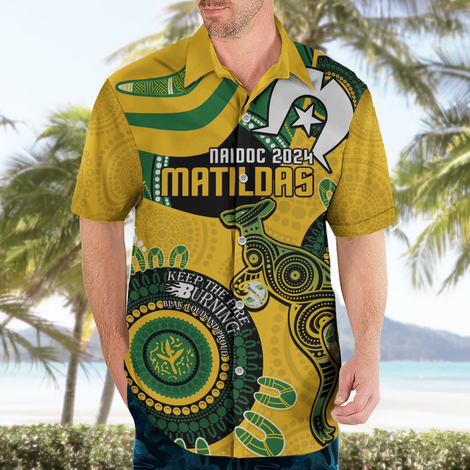 Custom Matildas NAIDOC Week Hawaiian Shirt Australia Kangaroo Keep The Fire Burning - Yellow - Vibe Hoodie Shop