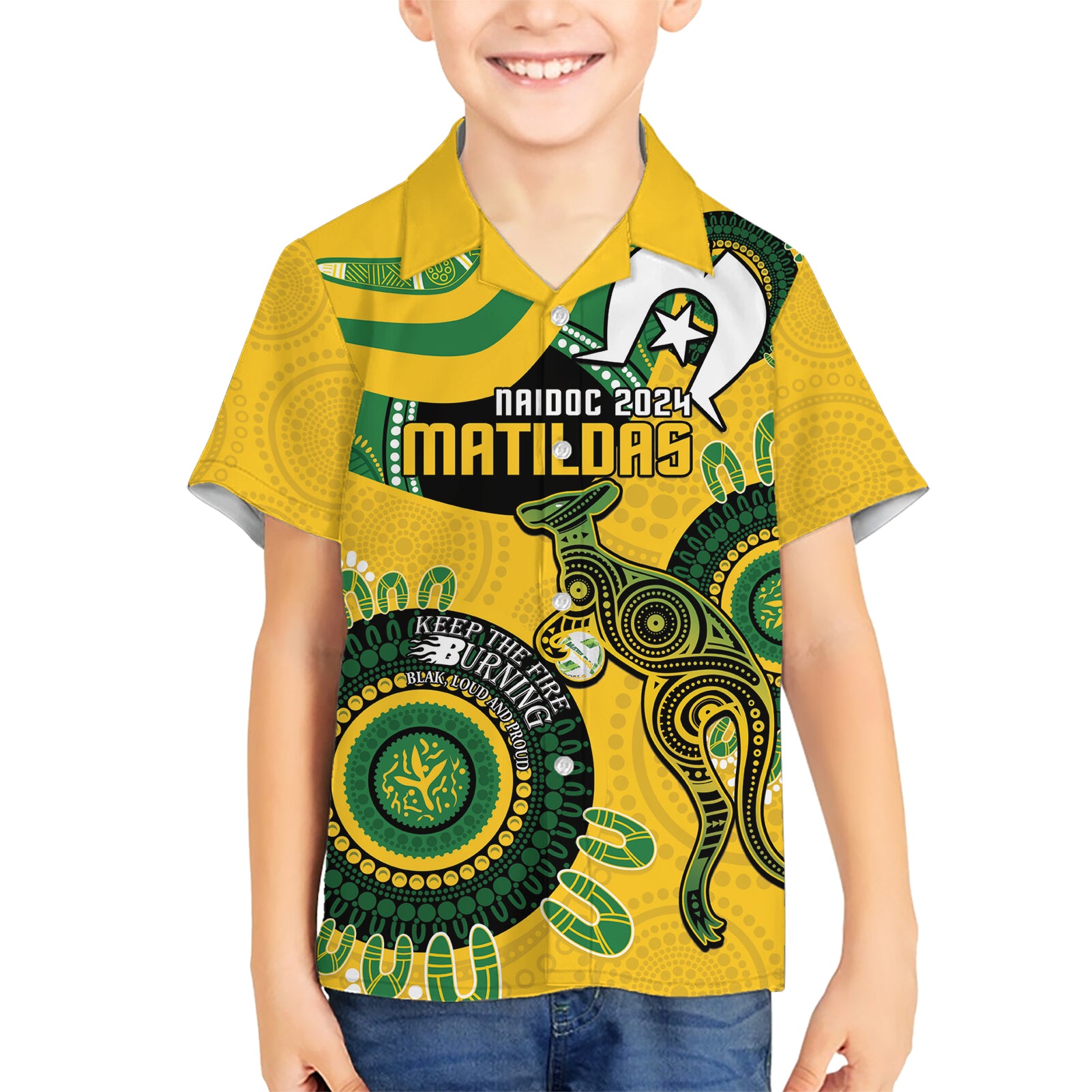 Custom Matildas NAIDOC Week Hawaiian Shirt Australia Kangaroo Keep The Fire Burning - Yellow - Vibe Hoodie Shop