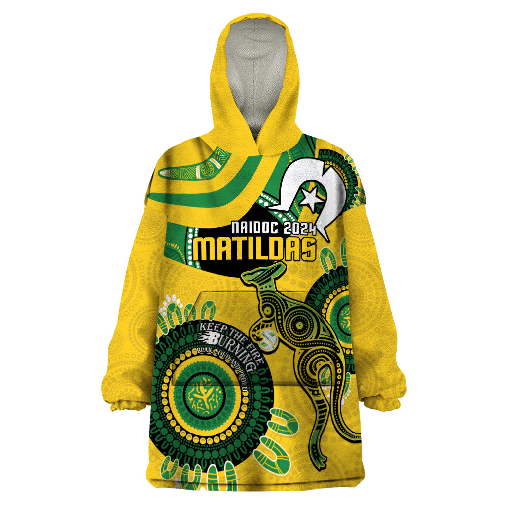 Custom Matildas NAIDOC Week Wearable Blanket Hoodie Australia Kangaroo Keep The Fire Burning - Yellow - Vibe Hoodie Shop