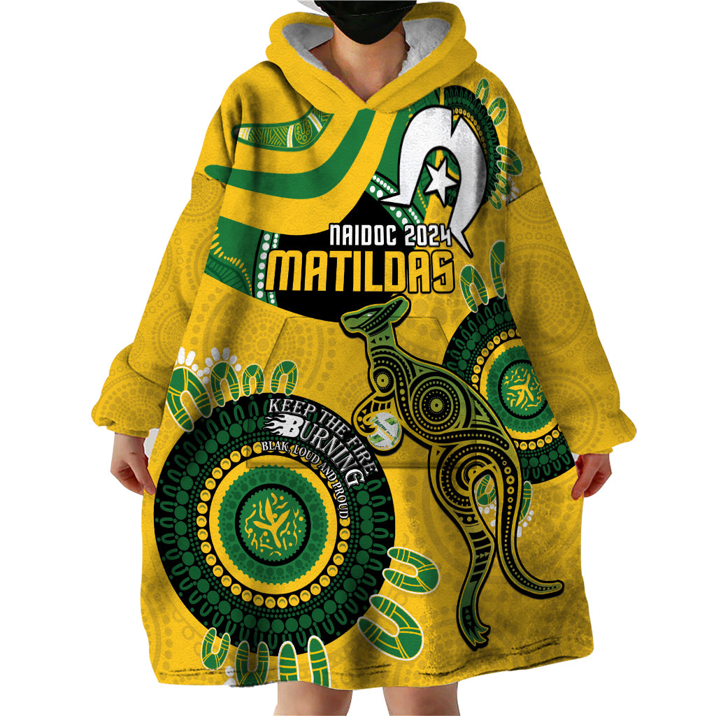 Custom Matildas NAIDOC Week Wearable Blanket Hoodie Australia Kangaroo Keep The Fire Burning - Yellow - Vibe Hoodie Shop