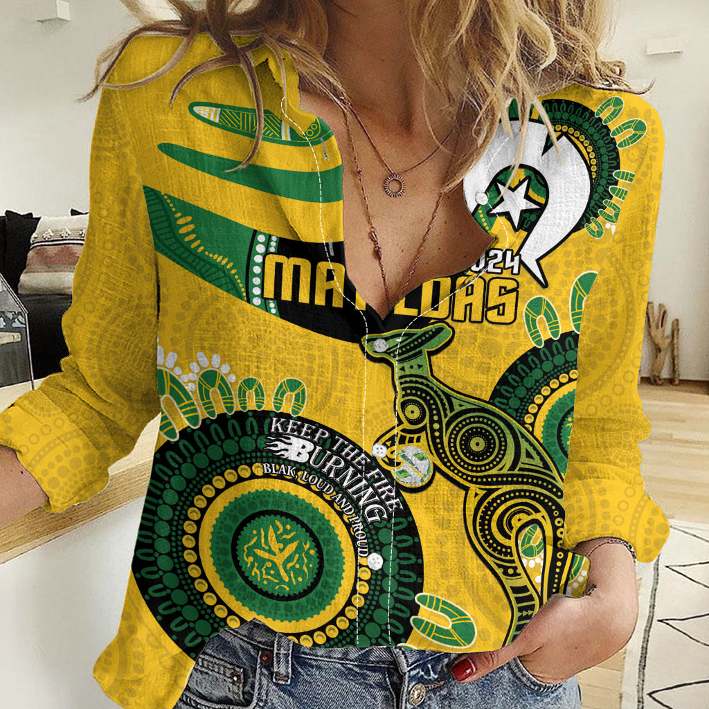Custom Matildas NAIDOC Week Women Casual Shirt Australia Kangaroo Keep The Fire Burning - Yellow - Vibe Hoodie Shop