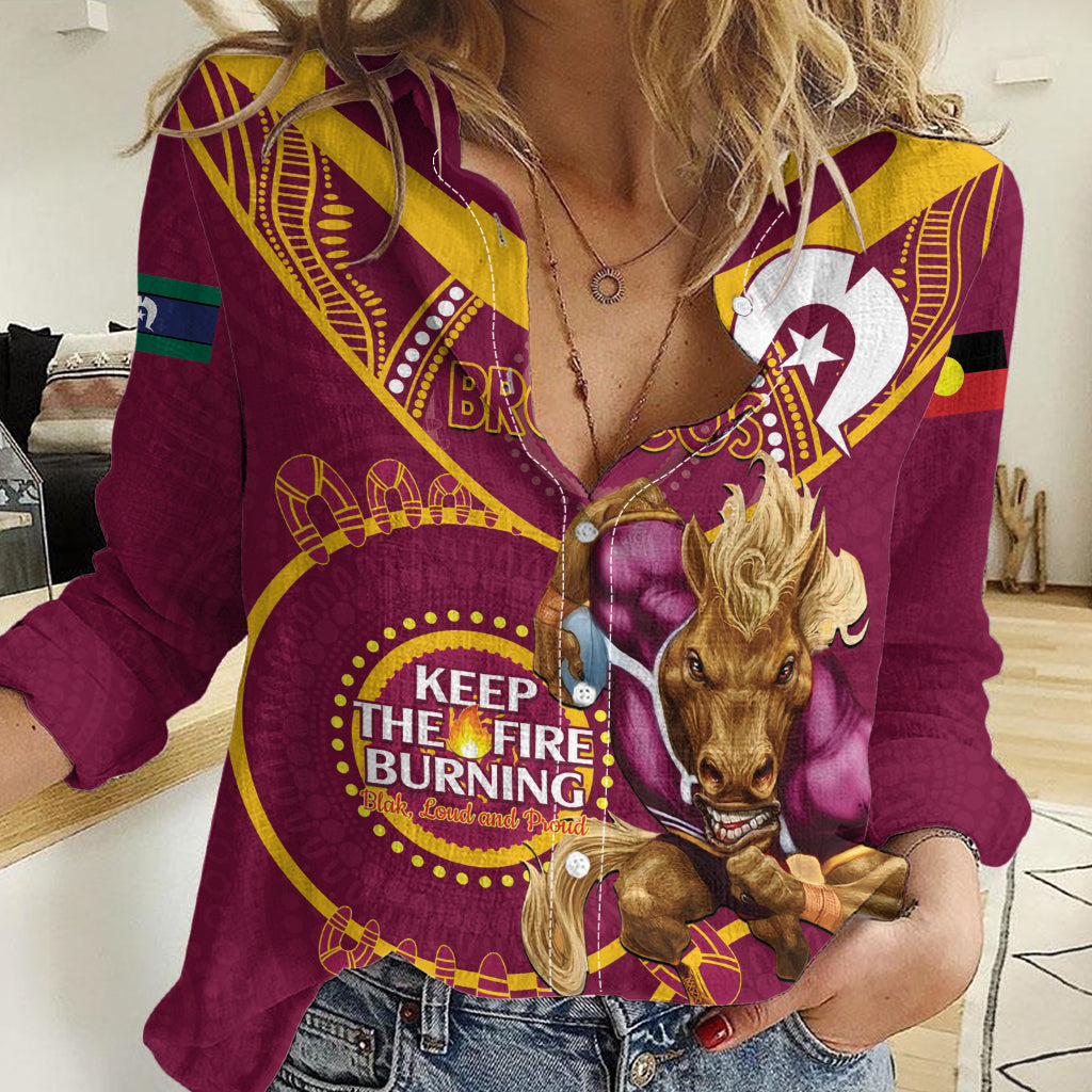 Custom NRL Broncos NAIDOC Week Women Casual Shirt Keep The Fire Burning Indigenous Art - Vibe Hoodie Shop