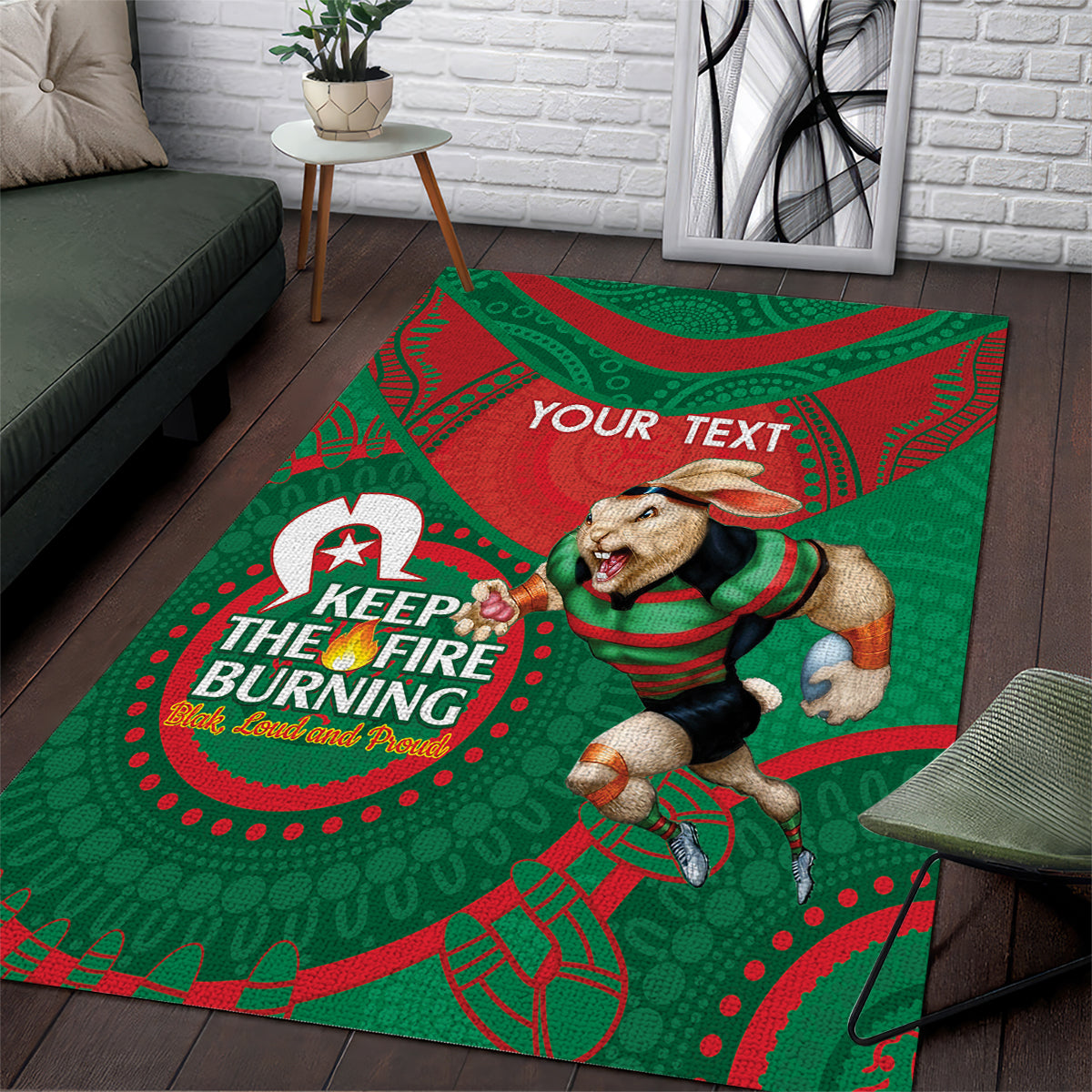 Custom NRL Rabbitohs NAIDOC Week Area Rug Keep The Fire Burning Indigenous Art - Vibe Hoodie Shop