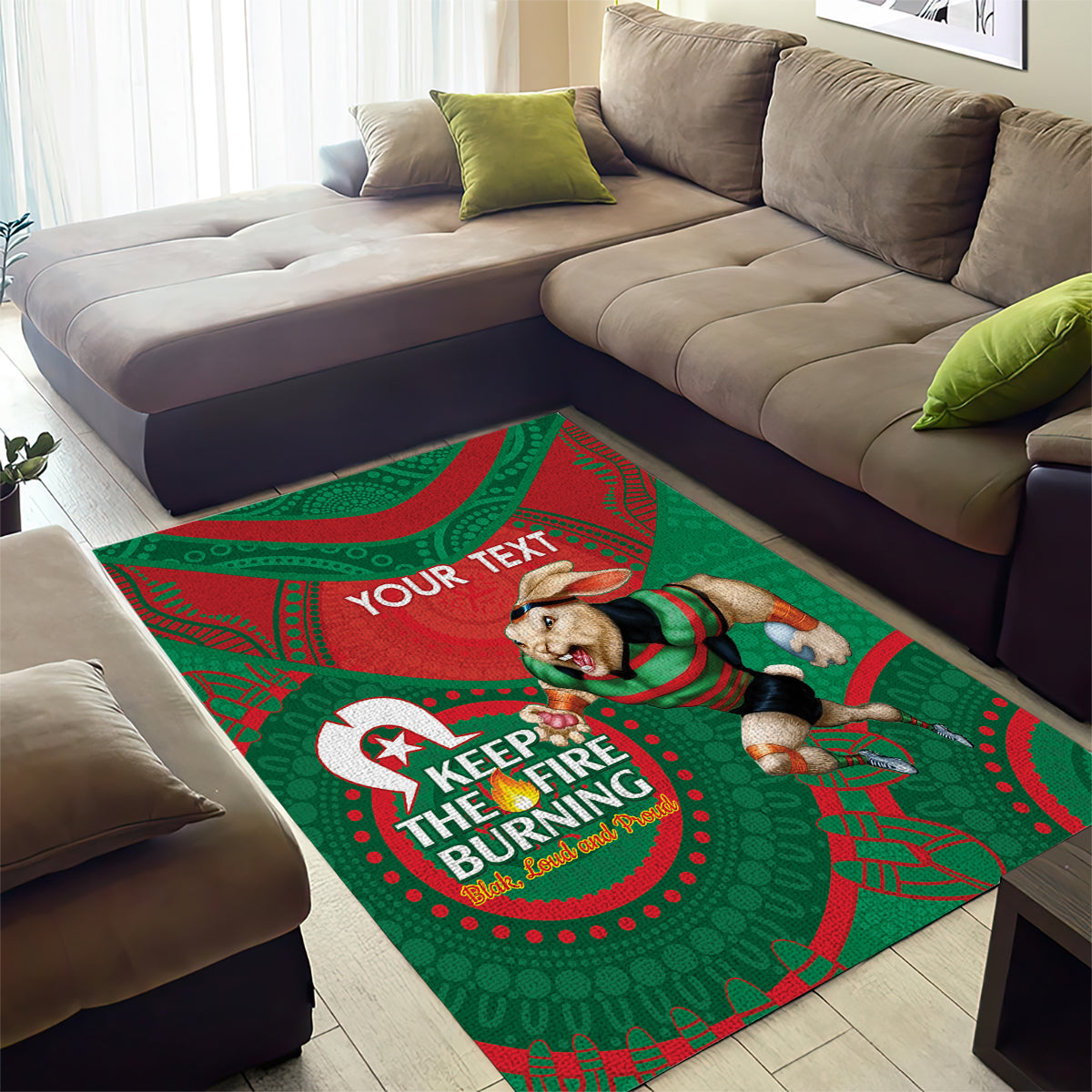 Custom NRL Rabbitohs NAIDOC Week Area Rug Keep The Fire Burning Indigenous Art - Vibe Hoodie Shop