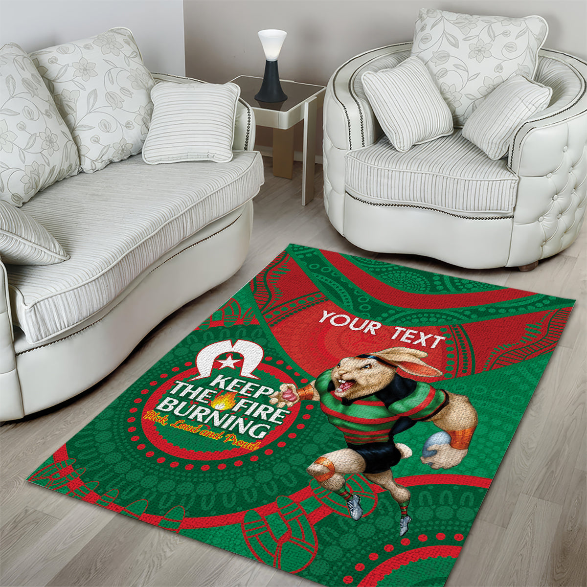 Custom NRL Rabbitohs NAIDOC Week Area Rug Keep The Fire Burning Indigenous Art - Vibe Hoodie Shop