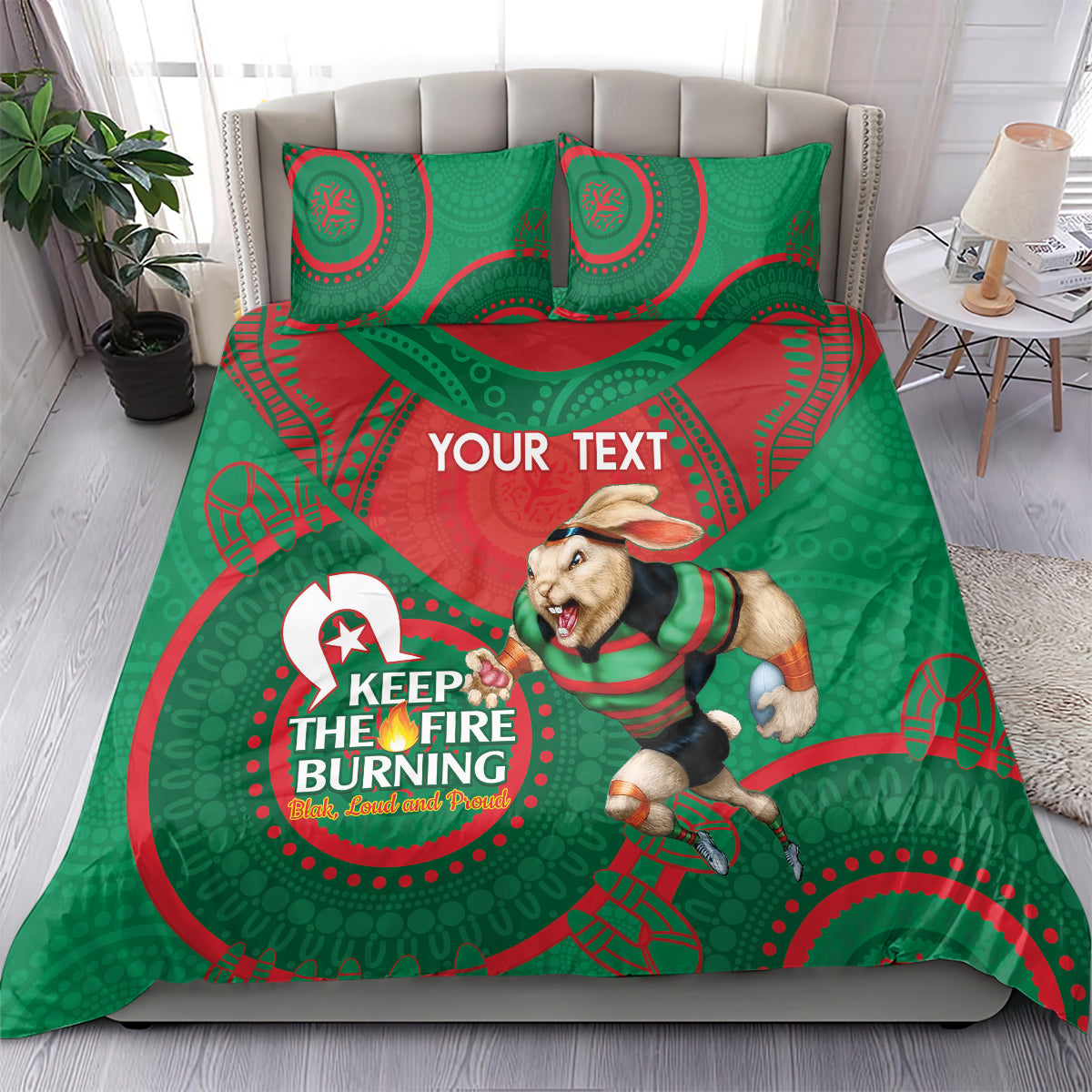 Custom NRL Rabbitohs NAIDOC Week Bedding Set Keep The Fire Burning Indigenous Art - Vibe Hoodie Shop