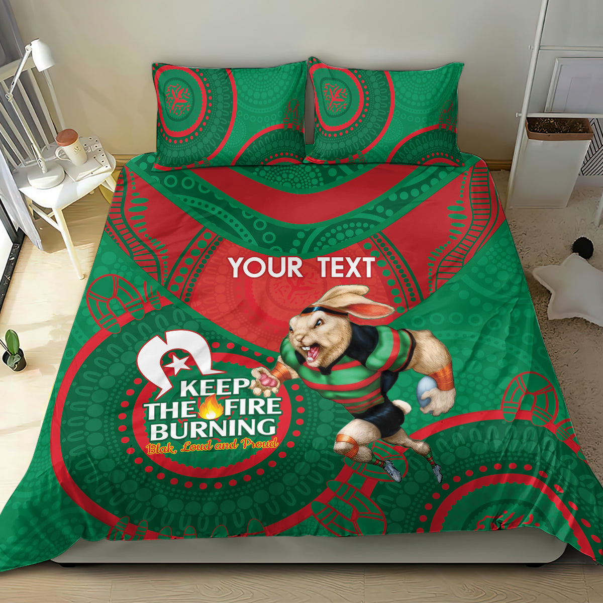 Custom NRL Rabbitohs NAIDOC Week Bedding Set Keep The Fire Burning Indigenous Art - Vibe Hoodie Shop