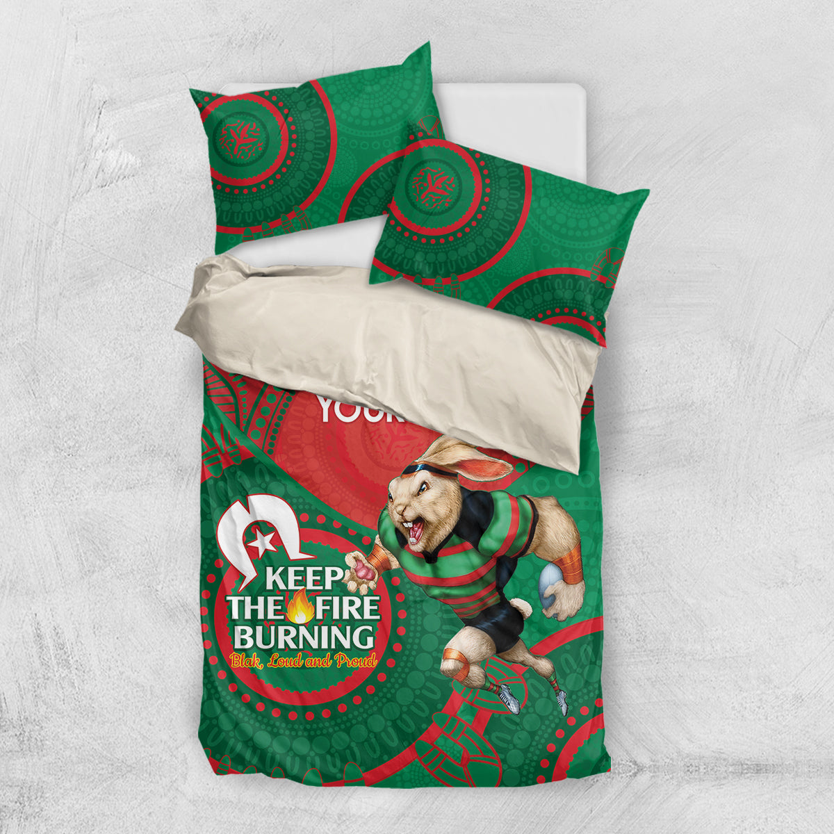 Custom NRL Rabbitohs NAIDOC Week Bedding Set Keep The Fire Burning Indigenous Art - Vibe Hoodie Shop