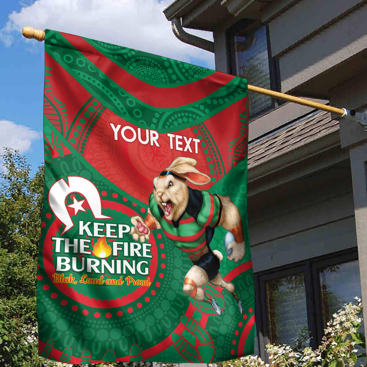 Custom NRL Rabbitohs NAIDOC Week Garden Flag Keep The Fire Burning Indigenous Art - Vibe Hoodie Shop