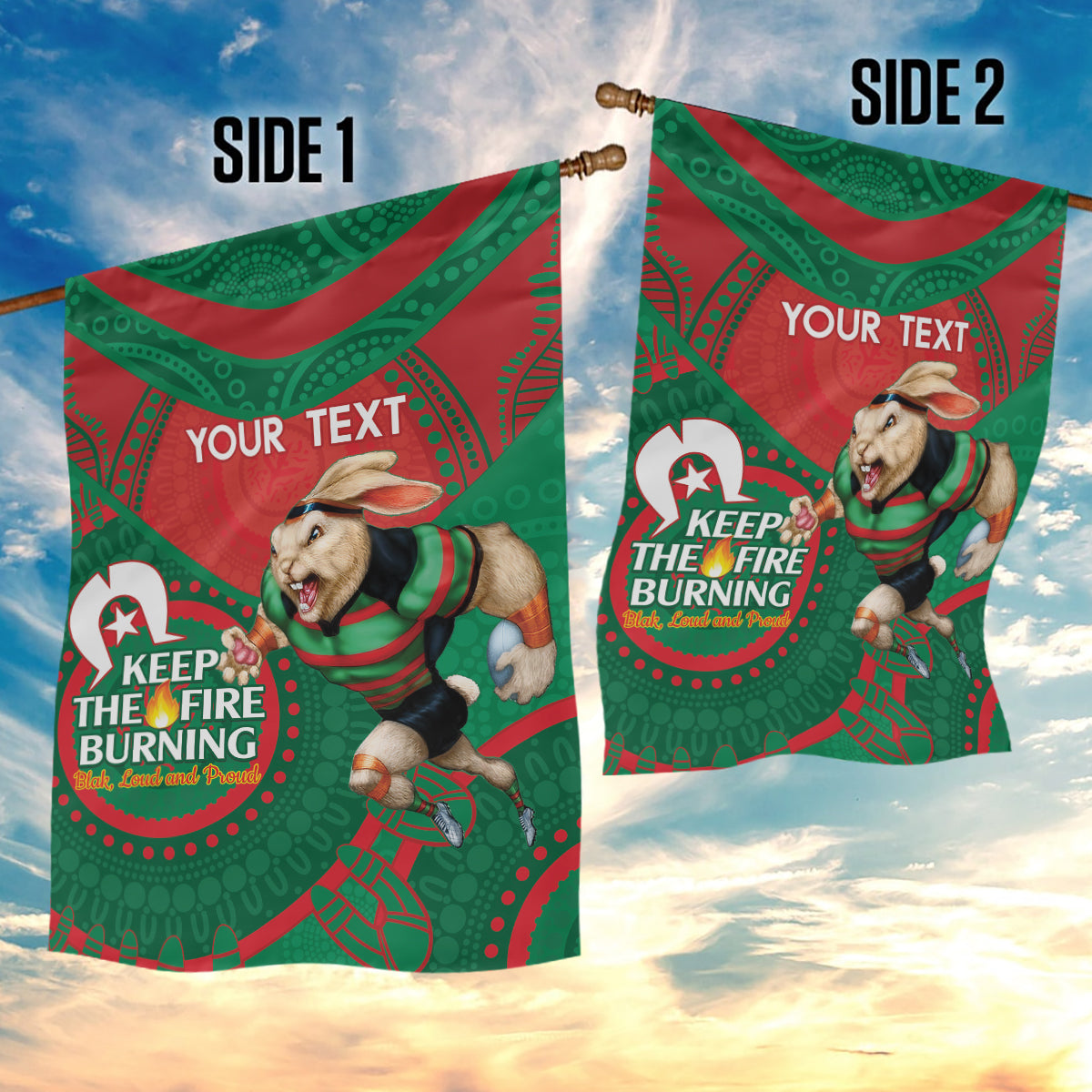 Custom NRL Rabbitohs NAIDOC Week Garden Flag Keep The Fire Burning Indigenous Art - Vibe Hoodie Shop