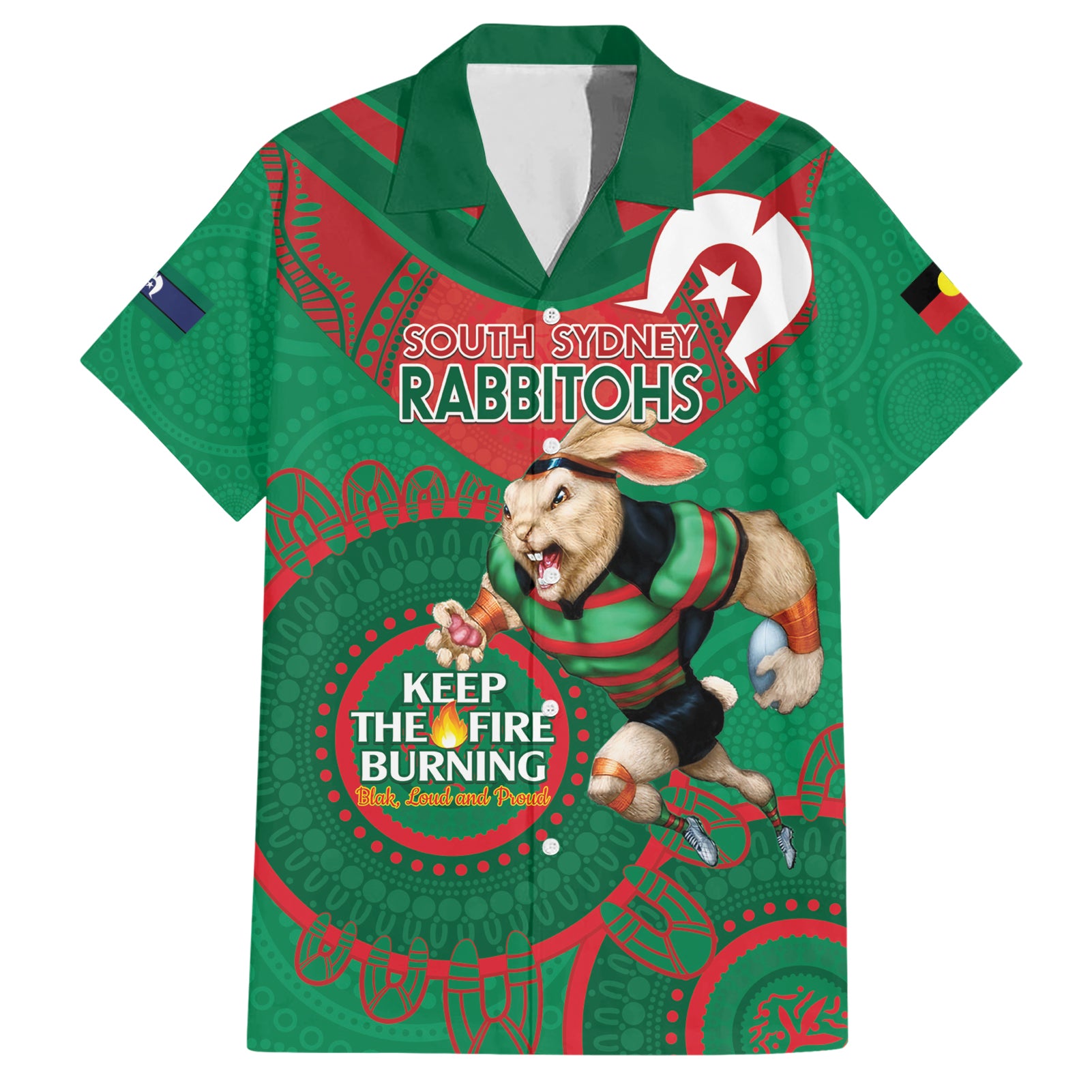 Custom NRL Rabbitohs NAIDOC Week Hawaiian Shirt Keep The Fire Burning Indigenous Art - Vibe Hoodie Shop