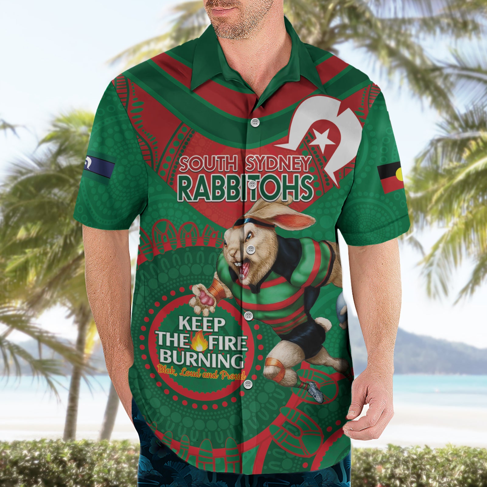 Custom NRL Rabbitohs NAIDOC Week Hawaiian Shirt Keep The Fire Burning Indigenous Art - Vibe Hoodie Shop