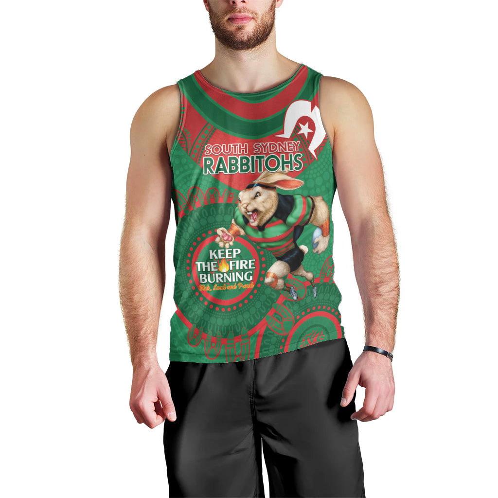 Custom NRL Rabbitohs NAIDOC Week Men Tank Top Keep The Fire Burning Indigenous Art - Vibe Hoodie Shop