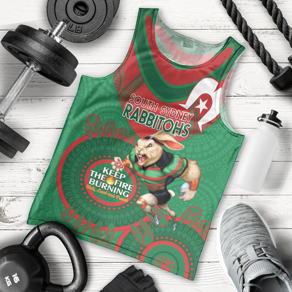 Custom NRL Rabbitohs NAIDOC Week Men Tank Top Keep The Fire Burning Indigenous Art - Vibe Hoodie Shop
