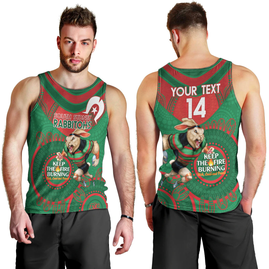 Custom NRL Rabbitohs NAIDOC Week Men Tank Top Keep The Fire Burning Indigenous Art - Vibe Hoodie Shop